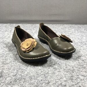 Tsonga Shoes Womens Size 5.5‎ Green Leather Flower Slip On Comfort Flats Casual